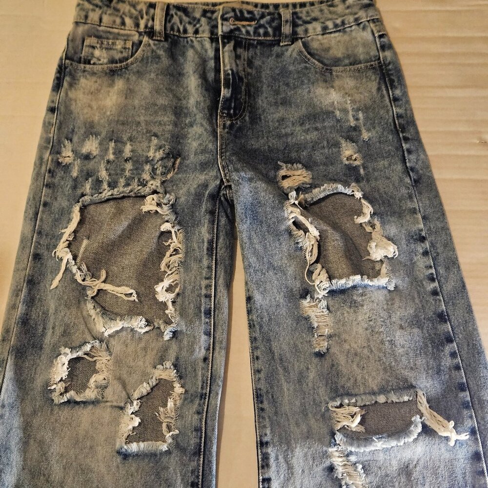 Litz by Uniq Wide Leg High Waist Medium Wash Destroyed Jeans Size 26